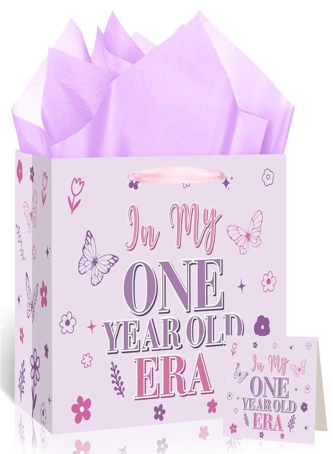 Woosytoo Onederful 1st Birthday Gift Bag for Baby Girl, Butterfly First Birthday Gift Bags with Tissue Paper Greeting Card One Year Old Gifts Wrapping Paper Bag for Girls Baby Shower Party Favors - Image 1